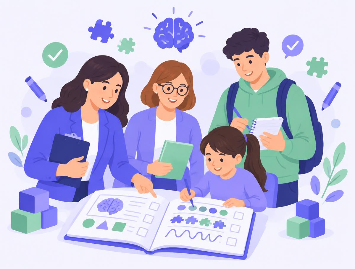 Psicopedagogos, professores, estudantes e crianças em volta de uma apostila de avaliação